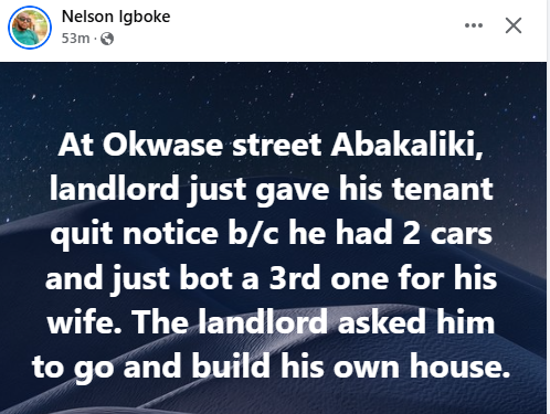 Ebonyi landlord allegedly gives tenant quit notice because he has two cars and bought third one for his wife
