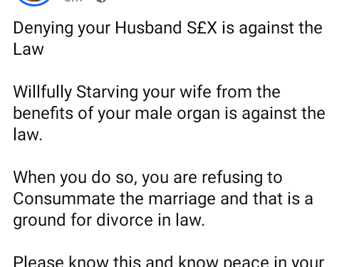 Denying your husband or wife sex is against the law. It’s ground for divorce – Nigerian lawyer says