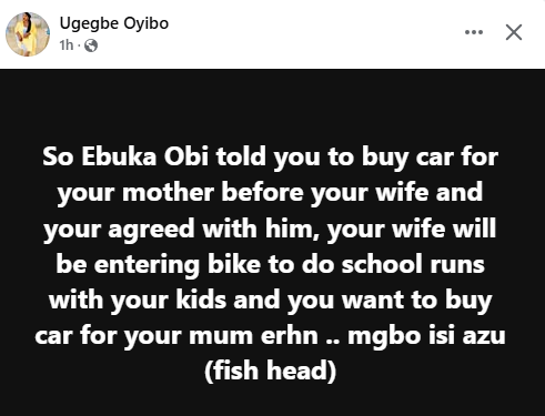 Nigerian lady calls out man who wants to buy a car for his mother while his wife uses bike to do school runs with their kids