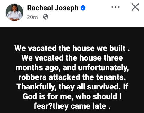Nigerian woman expresses gratitude to God after armed robbers attacked her tenants 3 months after she and her family moved out