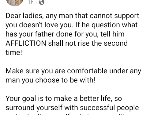 Any man that cannot support you doesn’t love you – Nigerian man tells women