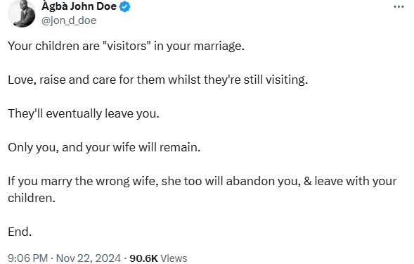 Your children are “visitors” in your marriage. They’ll eventually leave you – Nigerian man educates couples