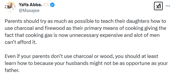 Teach your daughters how to use charcoal and firewood because their husbands might not afford cooking gas – Nigerian man advises parents