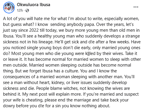 You know you cheated on your husband, yet you still cook for him – Delta man blames ‘adulterous wives’ for deaths of young men in his community