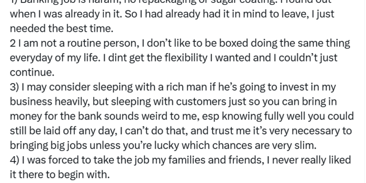 Sleeping with customers just so you can bring in money for the bank sounds weird to me – Lady writes after quitting bank job
