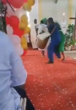 Husband storms church and forcefully retrieve the plantain his wife collected from their home to gift to her pastor (video)