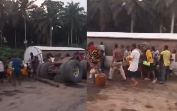Residents scoop fuel from a toppled tanker in Cross River (video)