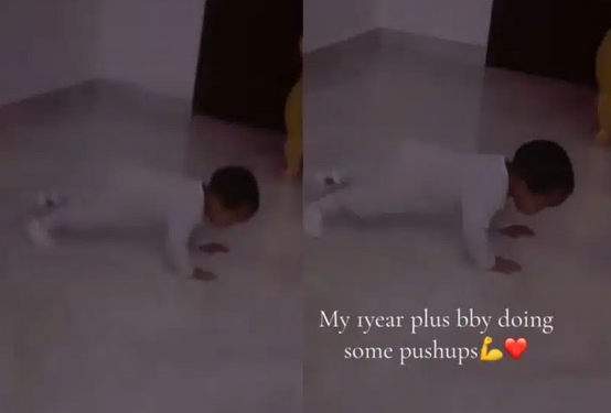 Mom surprised to see her 1-year-old baby doing pushups