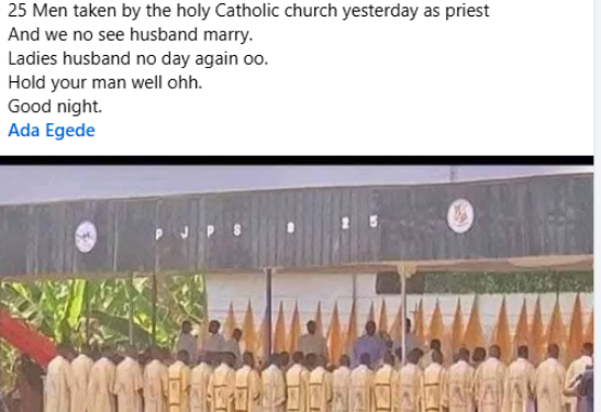 We can’t find husbands – Nigerian woman expresses sadness over ordination of 25 Catholic priests