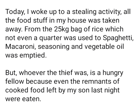 Nigerian journalist narrates how thief broke into his house, ate leftovers and stole food items