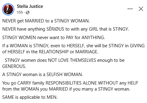 Never get married to a stingy woman – Nigerian lawyer advises men