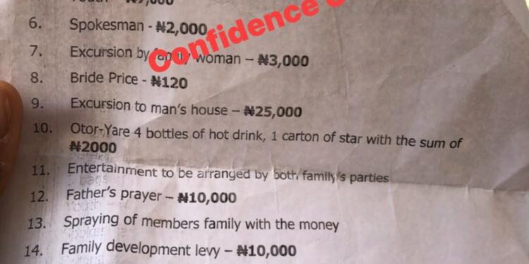 Nigerian woman shares marriage list her family gave to her husband