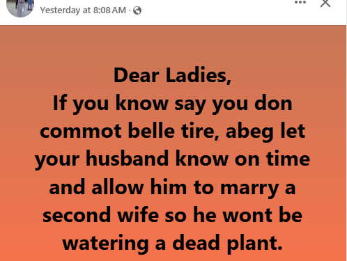 Let your husband know if you had multiple abortions and allow him to marry a second wife so he won’t be watering a dead plant – Nigerian woman tells ladies