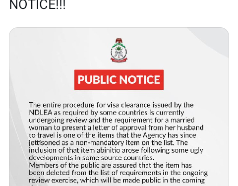 NDLEA jettisons controversial visa clearance policy requiring married women to present letter of approval from their husbands to travel
