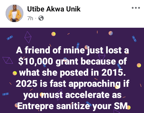 Nigerian lady narrates how her friend lost a $10,000 grant because of what she posted online in 2015