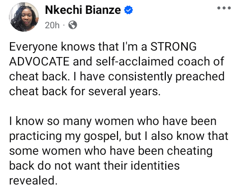 If I get evidence that my husband is cheating on me, I will cheat back – Nigerian feminist says