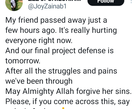 UNILORIN final year student d!es a day to her project defence