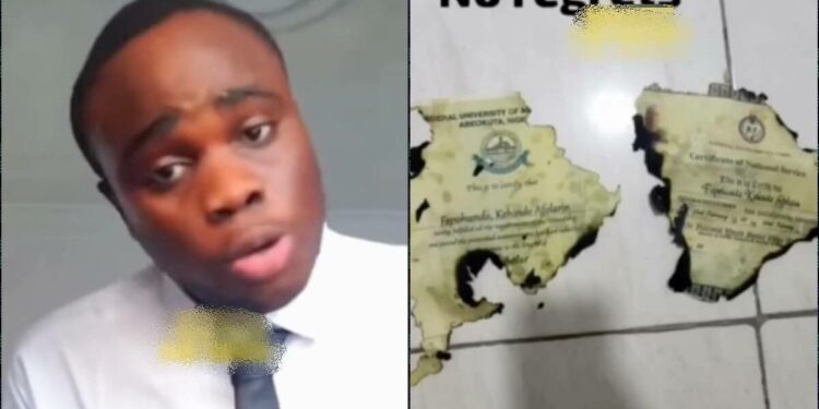 Frustrated Nigerian man burns his NYSC and BSC certificates due to his inability to get a good paying job
